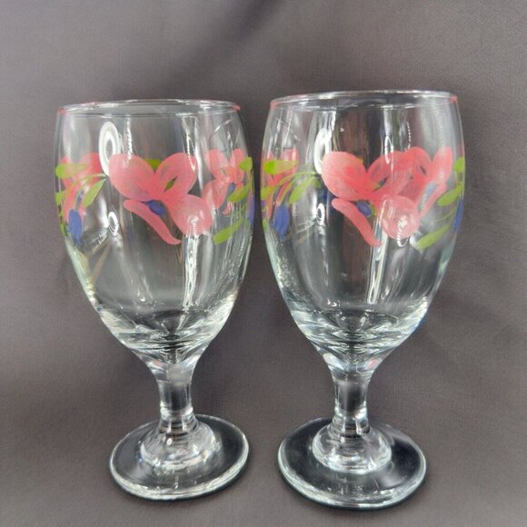 Libbey Barware Glasses Pink Flowers Water Goblet Drinking Glasses Set 2 VTG - Picture 3 of 14